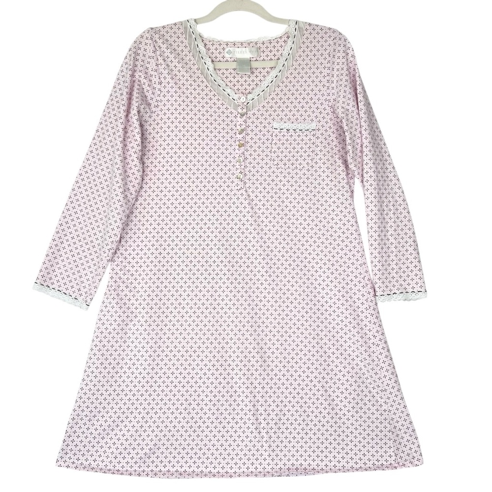 Eileen West Cotton Knit Long Sleeve Short Nightshirt Sz S Pink Modest Comfy